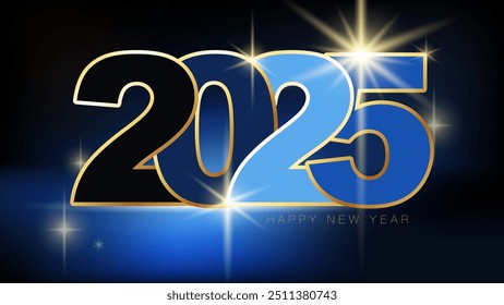 Vector illustration. 2025. Happy New Year 2025. Elegant blue and gold font. Luxury glossy alphabet set of letters, symbols and numbers. Black background, background. Business calendar cover, holiday