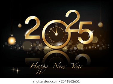 Vector illustration. 2025. Happy New Year 2025 - New Year, shining background with gold watches and glitter. Black background. Smartphone laptop, phone. Futuristic design. Banner, numbers, cover, card