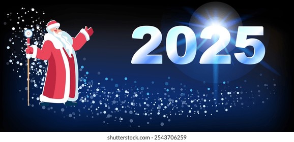 Vector illustration. 2025. Happy New Year 2025. Santa Claus points with his hand to the greeting New Year's numbers 2026. Merry Christmas, banner, people. Elements for calendar and greeting card, gift