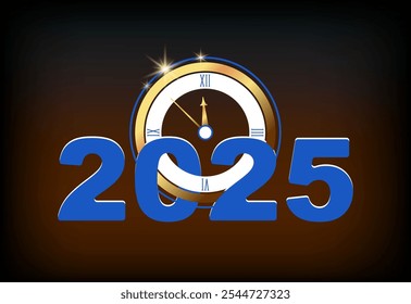 Ilustração vetorial. 2025 Feliz Ano Novo 2025 Ano Novo. Um brilhante relógio dourado mostra doze horas à noite. Design de número para calendário. Fundo preto. Smartphone, feriado. Faixa, ano, números, capa