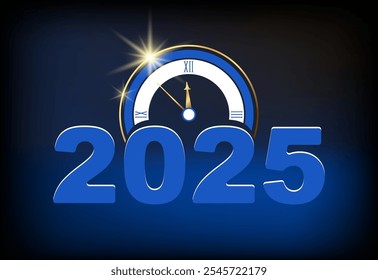 Ilustración vectorial. 2025. Feliz Año Nuevo 2025 Año Nuevo. Un reloj dorado brillante muestra las doce de la noche. Diseño de números para el calendario. Fondo negro. Smartphone, vacaciones. Anuncio, año, números, cubierta