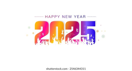 Vector illustration of 2025 logo. People dancing cheering and celebrating happy New Year 2025 isolated on white background.