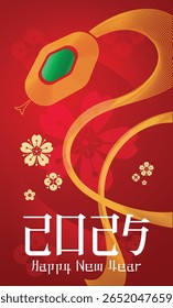 Vector illustration of 2025 Lunar New Year greeting with a golden snake, red background, and decorative blossoms, representing the zodiac year in Asian culture, modern and festive design.
