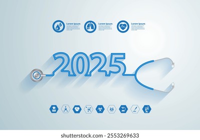  Ilustração vetorial 2025 ano novo com estetoscópio design criativo, E ícones planos médicos no conceito de tecnologia de medicina