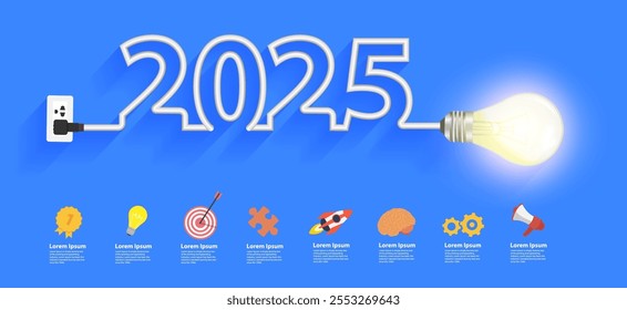 Ilustração vetorial 2025 novo projeto de linha de ano com ideia de lâmpada de luz criativa, plano de negócios de inspiração, estratégia de marketing, trabalho em equipe, conceito de ideias brainstorm,