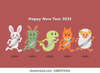 Vector illustration of 2025 New Year's card. Animals running in the relay. Year of the Snake. Red background.
