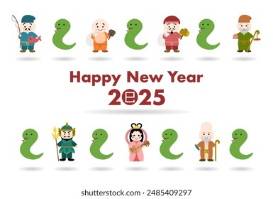 Vector illustration of 2025 New Year's card. Cute snake and the seven deities of good luck of Japan. Year of the Snake. White background. Chinese characters translation: Snake