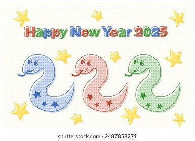 Vector illustration of 2025 New Year's card. Cute snakes with polka dots. Pop and colorful design.