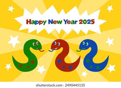 Vector illustration of 2025 New Year's card. Three pop and colorful snakes. White star pattern on a yellow background.