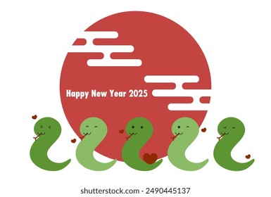 Vector illustration of 2025 New Year's card. Cute snakes lined up in front of the red sun. Year of the Snake. White background. 