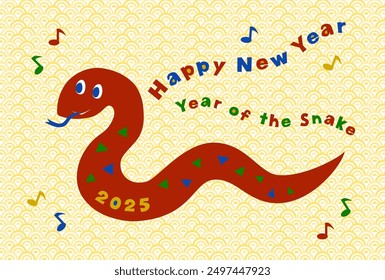 Vector illustration of 2025 New Year's card. Pop and cute red dragon. Musical note and curvilinear letter design. Japanese traditional pattern background.