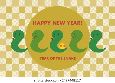 Vector illustration of 2025 New Year's card. Cute green dragons and gold Japanese traditional pattern background. Year of the Snake. 