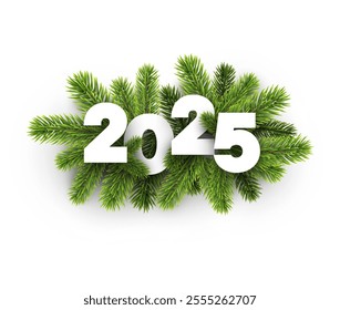 Vector illustration of 2025 numerals surrounded by lush green fir branches, symbolizing nature and celebration.