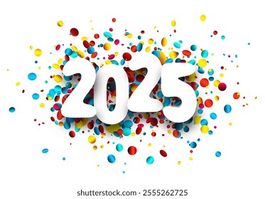 Vector illustration of 2025 numerals surrounded by vibrant, multicolored confetti on a clean white background.
