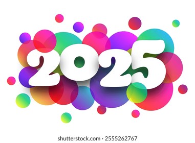 Vector illustration of 2025 numerals surrounded by colorful overlapping gradient circles, creating a modern and playful look.