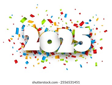 Vector illustration of 2025 numerals surrounded by vibrant multicolored confetti, creating a festive and cheerful design.