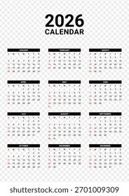 Ilustração vetorial do modelo Calendário 2026