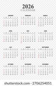 Vector illustration of 2026 Calendar template