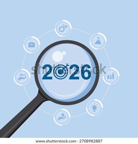 Vector illustration of 2026 inside magnifying glass on light blue background. Focus current year, achievement, target concept, focusing on future goals and strategic vision