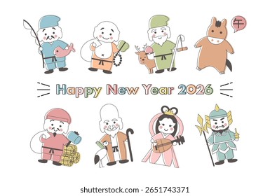 Ilustração vetorial do cartão de Ano Novo de 2026. Cavalo bonito e as sete divindades de boa sorte do Japão. Ano do Cavalo. A tradução de caracteres chineses é Cavalo.
