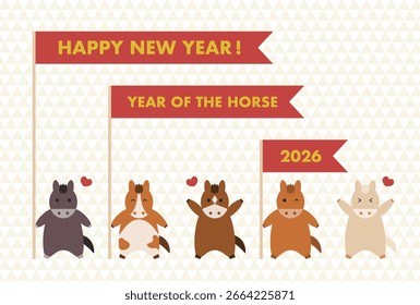Ilustração vetorial para cartões de Ano Novo de 2026. Cavalos bonitos com bandeiras. Plano de fundo do padrão triangular.
