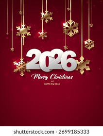 Vector illustration. 2026 white numbers of new year and Christmas with golden snowflakes on red background. Premium design for gift cards and banners.