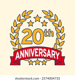 Vector illustration of 20th or 20 years anniversary logo featuring a laurel wreath, stars, and ribbon. Perfect for marking milestones, achievements, special events with an elegant and timeless design