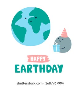 Ilustración vectorial con el concepto de afiche del Día de la Tierra del 22 de abril. Cute kawaii planeta Tierra y linda luna sosteniendo caja de regalo. Banner de diseño para materiales de impresión con letras de texto. Concepto de ecología