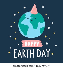 Vector illustration with 22 april Earth day poster concept. Cute kawaii planet Earth with dark background and stars around it. Design banner for print materials with text lettering. Ecology concept