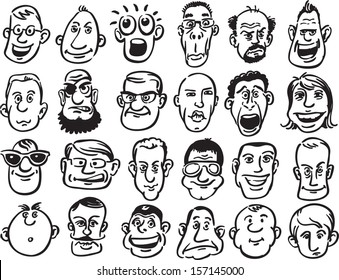 Vector illustration of 24 caricature faces: various facial expression. Easy-edit layered vector EPS10 file scalable to any size without quality loss. High resolution raster JPG file is included.