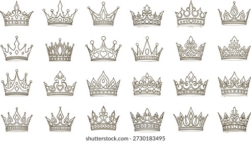 Vector illustration of 24 decorative crown designs with floral, heart, and jewel motifs in grid layout on white background