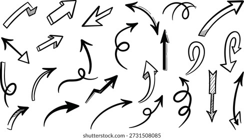 Ilustración vectorial de 24 flechas dibujadas a mano en diversos estilos y direcciones sobre fondo blanco