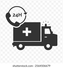 Vector illustration of 24 hour ambulance call icon in dark color and transparent background(PNG).