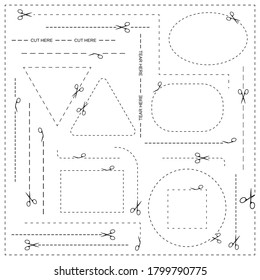 Vector illustration of 25 cut lines and coupons with scissors and text signs 'Cut Here', 'Tear Here' isolated on white. Different elements for packaging, coupons, clothing tags and your own projects.