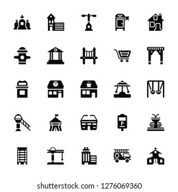 Vector Illustration Of 25 Icons. Editable Pack Cementery, Fire truck, Skyscrapper, Tower crane, Apartment, Arch, Carousel, Stadium, Airport tower, Hydrant, Street light, station