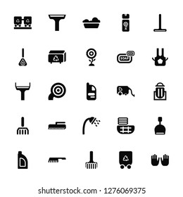 Vector Illustration Of 25 Icons. Editable Pack Container, Duster, Brush, Detergent, Apron, Vacuum cleaner, Shower, Mop, Bucket, Glass cleaner
