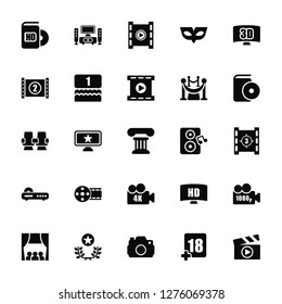 Vector Illustration Of 25 Icons. Editable Pack HD DVD, Plus 18 Movie, DSLR Camera, Award, People Watching a Player, Loud Woofer Box, 4K FullHD, DVD