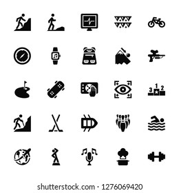 Vector Illustration Of 25 Icons. Editable Pack Mountaineering, Cooking, Singing, Warming up, Travelling, Paintball, Cleaning, Rafting, Hiking, Compass, Heart rate, Jogging