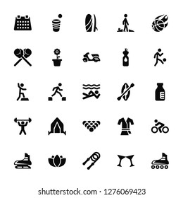 Vector Illustration Of 25 Icons. Editable Pack Calendar, Hang out, Jump rope, Yoga, Ice skating, Freestyle, Canoe, Billiard, Workout, Boxing, Surfboard, Beer pong