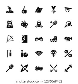 Vector Illustration Of 25 Icons. Editable Pack Windsurf, Golf, Camper, Kayak, Tennis racket, Table tennis, Roller, Baseball field, Punching bag, Backpack, Yoga mat, Boxing gloves