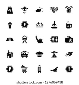 Vector Illustration Of 25 Icons. Editable Pack Duty Free Bag, Sitting Dog, Trip Luggage, Shopping Cart, Parking Square, Hot Coffee, Airport Toilets, Pilot Hat, Waiting For Flight