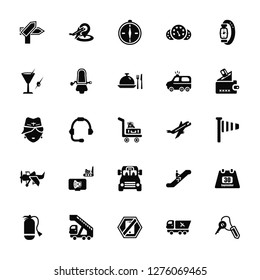 Vector Illustration Of 25 Icons. Editable Pack Direction Post, Trailer Truck, Forbbiden Phone, Gangway Extinguisher, Purse with Bill, Plane Flying, Airport Bus, Old