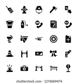Vector Illustration Of 25 Icons. Editable Pack Walkie talkie, Stretcher, Do not cross line, Kit, Siren, 911, Helipad, Emergency, Bollard, Water bucket, Firefighter helmet, Hydrant