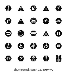 Vector Illustration Of 25 Icons. Editable Pack Keep right, Warning, Death, Electricity, Biological hazard, Bicycle, Pedestrian, Working, Ahead, Slope, Traffic light