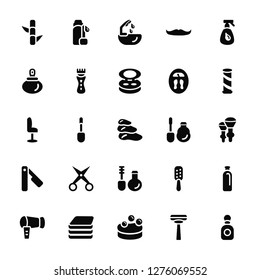 Vector Illustration Of 25 Icons. Editable Pack Bamboo, Disposable Razor, Bath Sponge, Folded Towel, Hairdryer facing left, Barber Shop, Liquid Lipstick, Mascara, Straight Razor