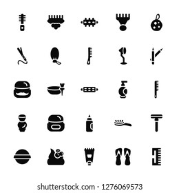 Vector Illustration Of 25 Icons. Editable Pack Hair Razor, Two Flip Flops, Feet Cream, Foam, Bath Salts Bomb, Eye Pencil, Aplicator Bottle, Shaving Brush