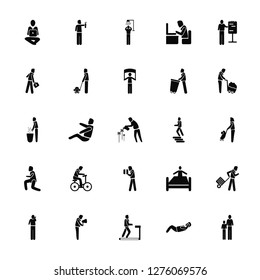 Vector Illustration Of 25 Icons. Editable Pack Man Typing, Stick Push Up, On Treadmill, Shouting, with Mobile Phone, wirth Carry