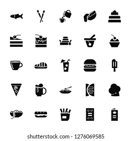 Vector Illustration Of 25 Icons. Editable Pack Kitchen Fish, Menu Card, French Fries Box, Long sandwich, Spaghetti Bolognese, Cupcake with Cherry
