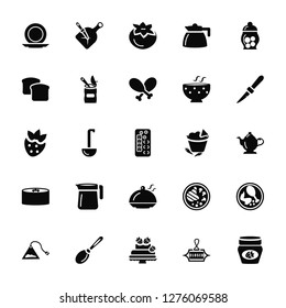 Vector Illustration Of 25 Icons. Editable Pack Round Plate, Closed, Decorated Cake, Soup Spoon, Infusion Bag, Thin Knife, Mexican Food, Tray and Cover, Sushi Piece