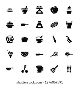 Vector Illustration Of 25 Icons. Editable Pack Creme Caramel, Spatula utensil, Measurement jar, Two Cherries, Strainer with handle, Wide Glass, Butcher Knife, Lateral Pan, Balls Ice cream Cone